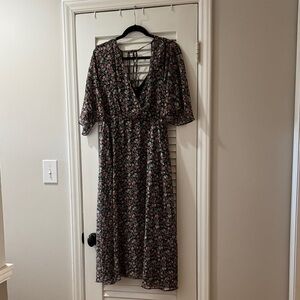 Rebecca Minkoff Black Floral Midi Dress with Pink and Green Print